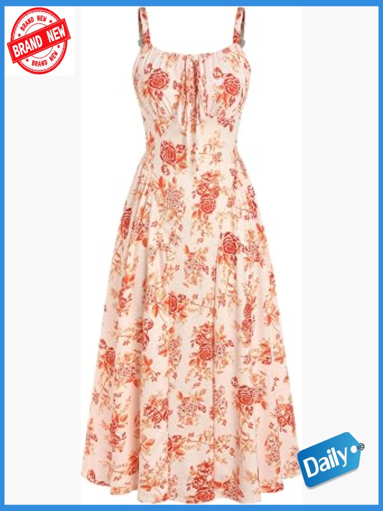 Floral Corset Midi Dress A-Line Sundress With Pockets